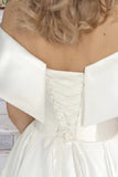 Tea Length Off The Shoulder A-Line Satin Beach Wedding Dress with Pockets TN387-Tirdress