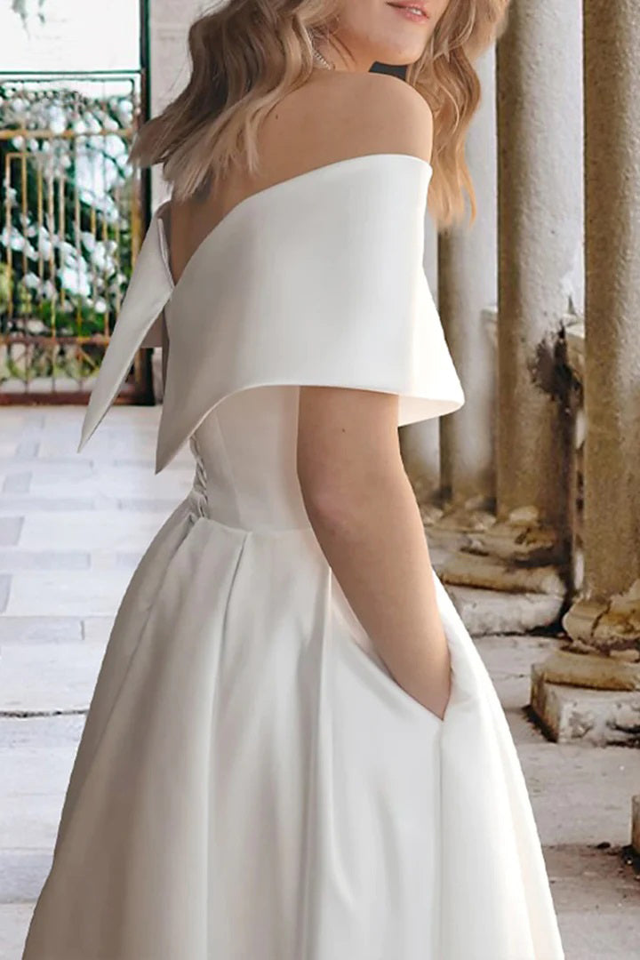 Tea Length Off The Shoulder A-Line Satin Beach Wedding Dress with Pockets TN387-Tirdress