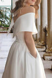 Tea Length Off The Shoulder A-Line Satin Beach Wedding Dress with Pockets TN387-Tirdress
