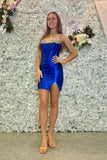 Robe de cocktail en satin bleu royal à paillettes serrées TN436