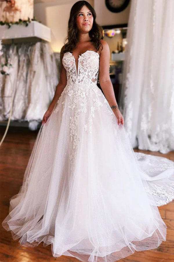 Elegant Tulle Appliques Strapless A-Line Princess Wedding Dress TN402-Tirdress