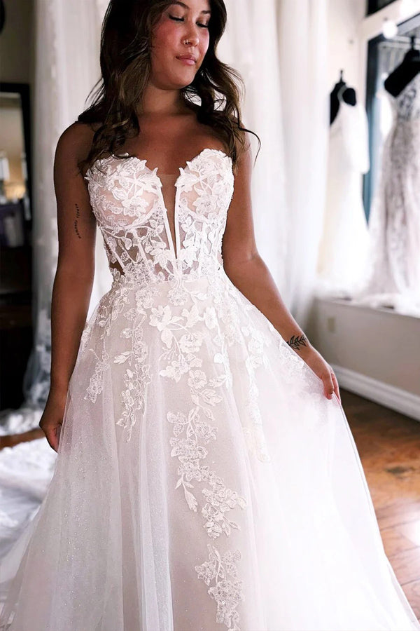 Elegant Tulle Appliques Strapless A-Line Princess Wedding Dress TN402-Tirdress