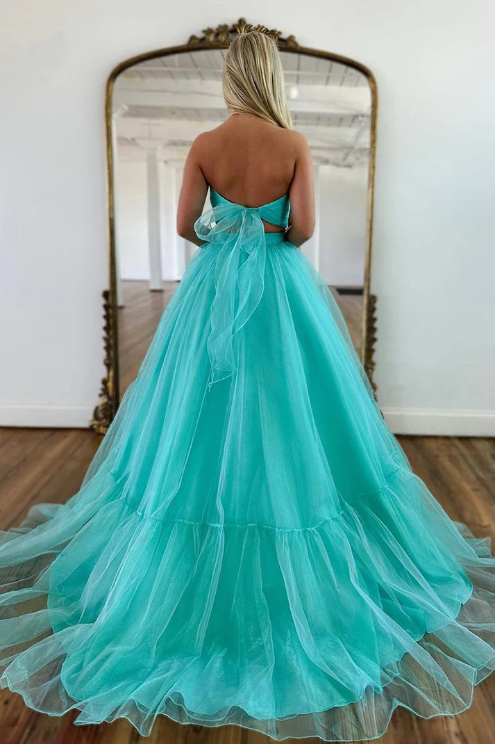 Unique Off Shoulder A-line Mint Green Tulle Prom Long party dress TP1237-Tirdress
