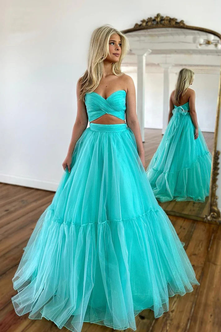 Unique Off Shoulder A-line Mint Green Tulle Prom Long party dress TP1237-Tirdress