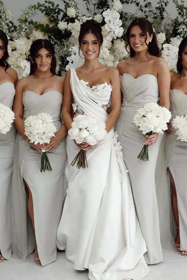 Unique One Shoulder Applique Satin White Wedding Dress TD0026-Tirdress