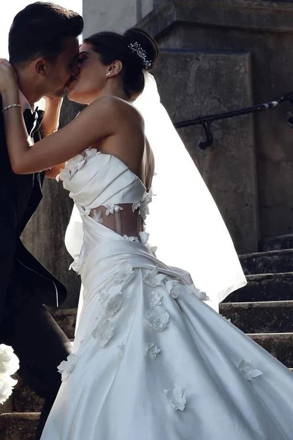Unique One Shoulder Applique Satin White Wedding Dress TD0026-Tirdress