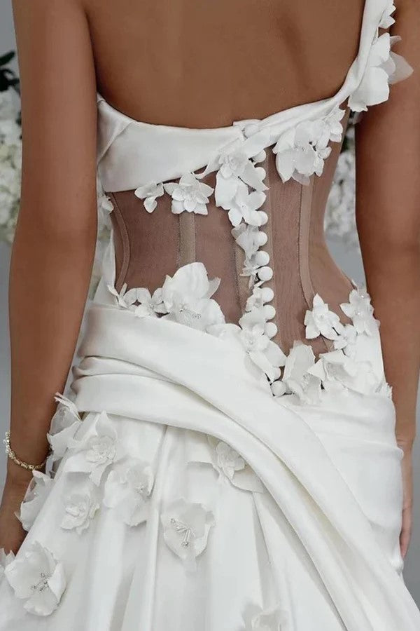 Unique One Shoulder Applique Satin White Wedding Dress TD0026-Tirdress