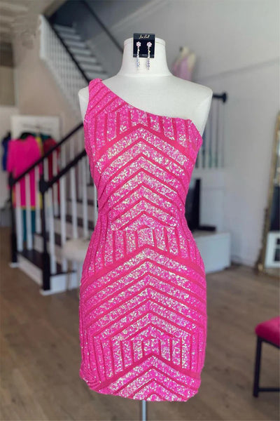 strapless open back dress Hot Pink Homecoming Dress Sequin One Shoulder Hoco Dress with Slit MD091506  – Dressmeet main image 0