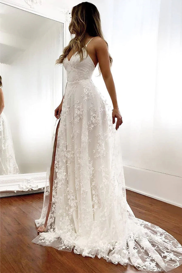 V-Neck Open Back Long Ivory Wedding Dresses Bridal Gowns With Split TN350-Tirdress