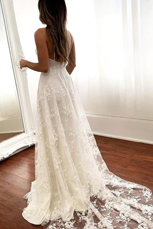 V-Neck Open Back Long Ivory Wedding Dresses Bridal Gowns With Split TN350-Tirdress