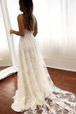 V-Neck Open Back Long Ivory Wedding Dresses Bridal Gowns With Split TN350-Tirdress