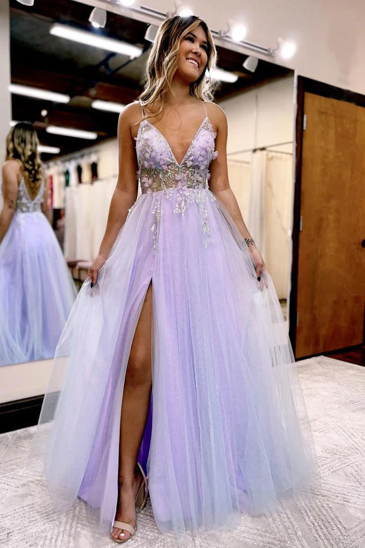 V-Neck Spaghetti Straps A-Line Slit Tulle Formal Prom Dress  TP1292-Tirdress