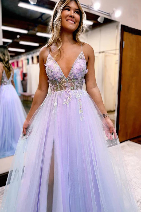 V-Neck Spaghetti Straps A-Line Slit Tulle Formal Prom Dress  TP1292-Tirdress