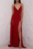 V Neck High Slit Backless Red  Chiffon Prom Dresses Evening Dresses PG466-Tirdress