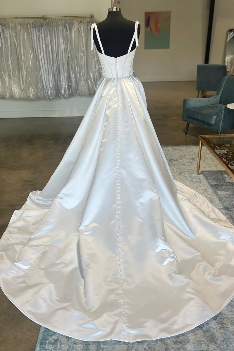 White Sweetheart Bow-Strap A-Line Long Modest Wedding Dress TN400-Tirdress
