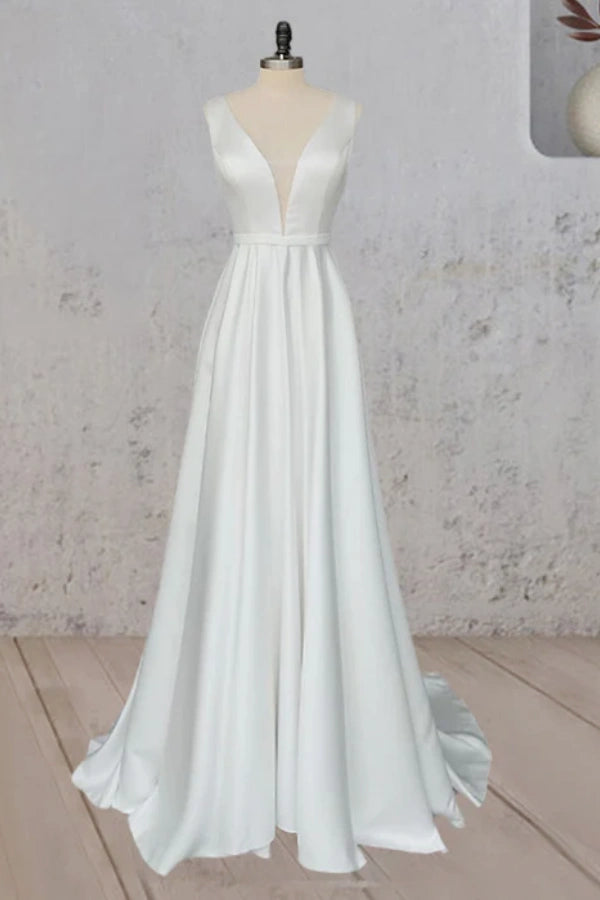 White A-Line V Neck Straps Satin Elegant Wedding Dress TD003-Tirdress