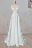 Ivory A-Line V Neck Straps Satin Elegant Wedding Dress TD0003