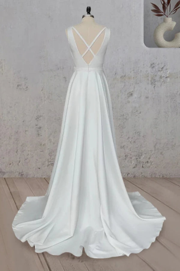 White A-Line V Neck Straps Satin Elegant Wedding Dress TD003-Tirdress
