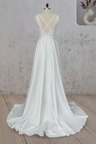 White A-Line V Neck Straps Satin Elegant Wedding Dress TD003-Tirdress