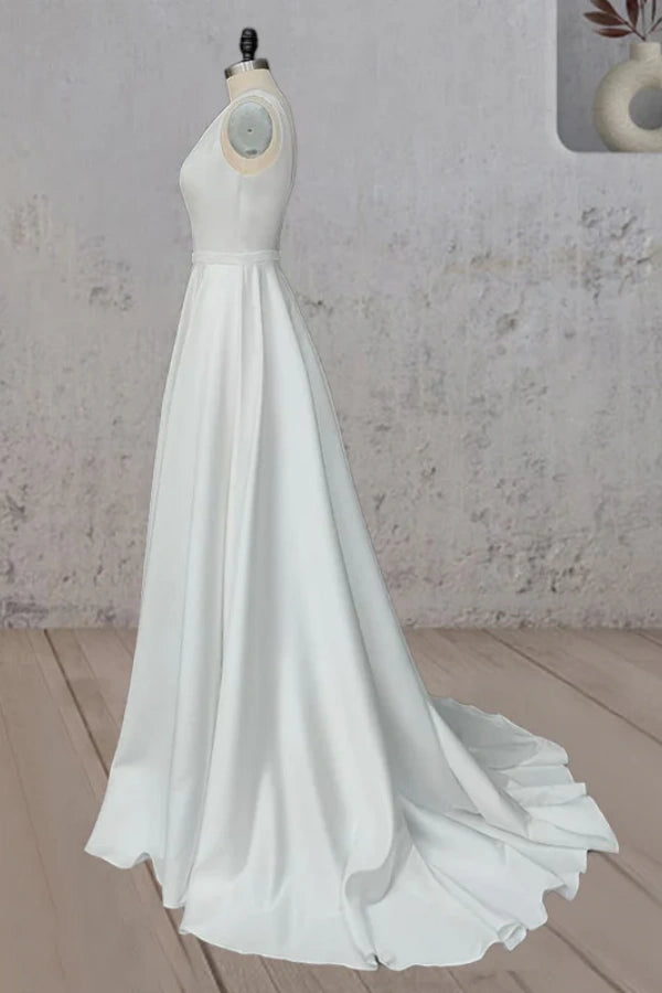 White A-Line V Neck Straps Satin Elegant Wedding Dress TD003-Tirdress