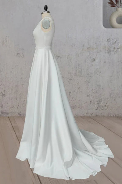 Ivory A-Line V Neck Straps Satin Elegant Wedding Dress TD0003 US14 / Custom Color Ivory A-Line V Neck Straps Satin Elegant Wedding Dress TD0003 US14 / Custom Color