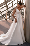 White A-Line V Neck Straps Satin Elegant Wedding Dress TD003-Tirdress