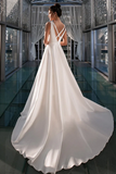 White A-Line V Neck Straps Satin Elegant Wedding Dress TD003-Tirdress