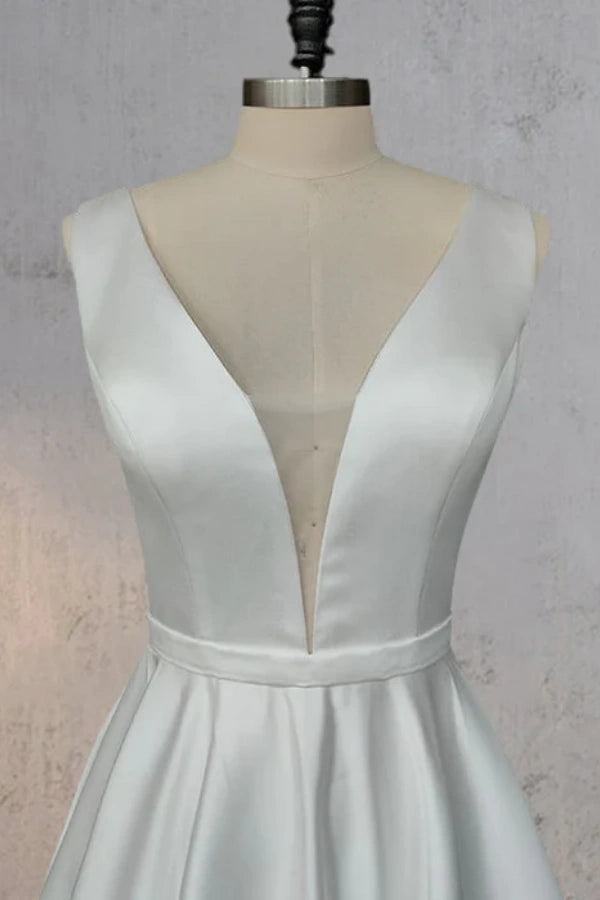White A-Line V Neck Straps Satin Elegant Wedding Dress TD003-Tirdress