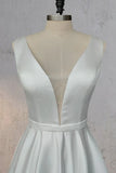 White A-Line V Neck Straps Satin Elegant Wedding Dress TD003-Tirdress