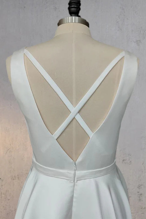 White A-Line V Neck Straps Satin Elegant Wedding Dress TD003-Tirdress