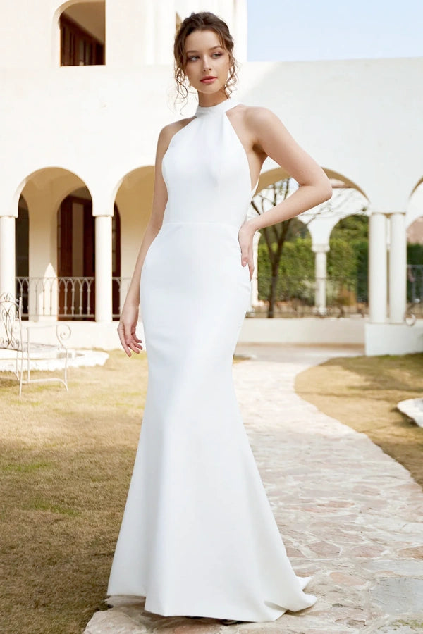 White Halter Satin Open Back Mermaid Wedding Dress TN406-Tirdress