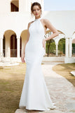 White Halter Satin Open Back Mermaid Wedding Dress TN406-Tirdress