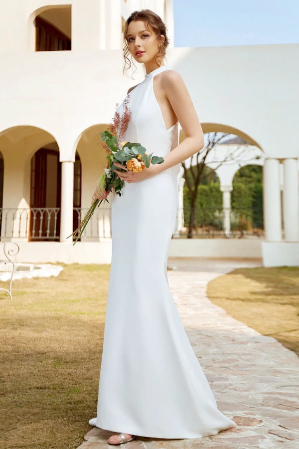White Halter Satin Open Back Mermaid Wedding Dress TN406-Tirdress