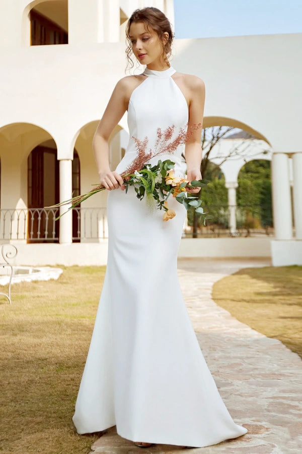 White Halter Satin Open Back Mermaid Wedding Dress TN406-Tirdress