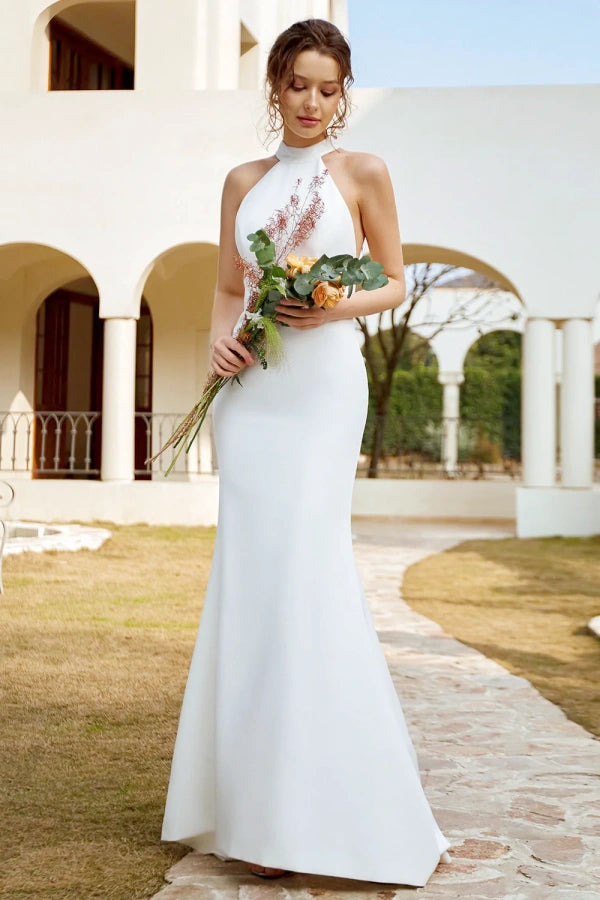 White Halter Satin Open Back Mermaid Wedding Dress TN406-Tirdress