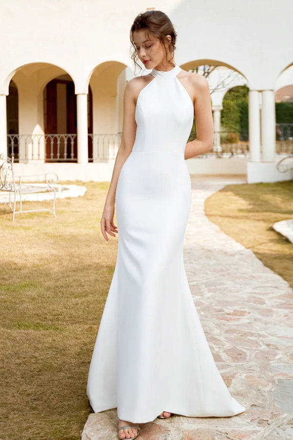 White Halter Satin Open Back Mermaid Wedding Dress TN406-Tirdress