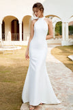 White Halter Satin Open Back Mermaid Wedding Dress TN406-Tirdress