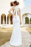 White Halter Satin Open Back Mermaid Wedding Dress TN406-Tirdress