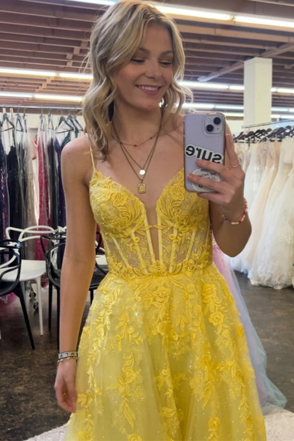 Yellow Spaghetti Straps A-line Lace Appliques Prom Dress TP1256-Tirdress