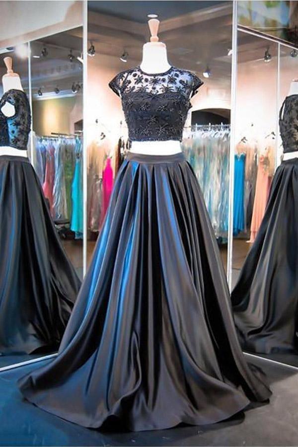 Two Piece Mermaid Black Cap Sleeve Prom Dresses Evening Dresses PG291-Tirdress