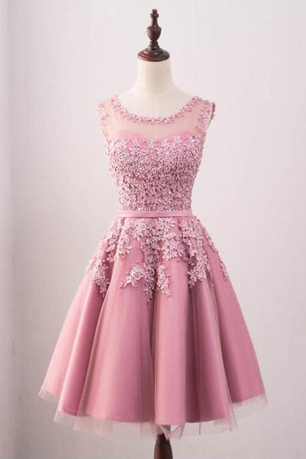 A-Line Crew Knee-Length Tulle Homecoming Dress With Appliques TR0211 - Tirdress