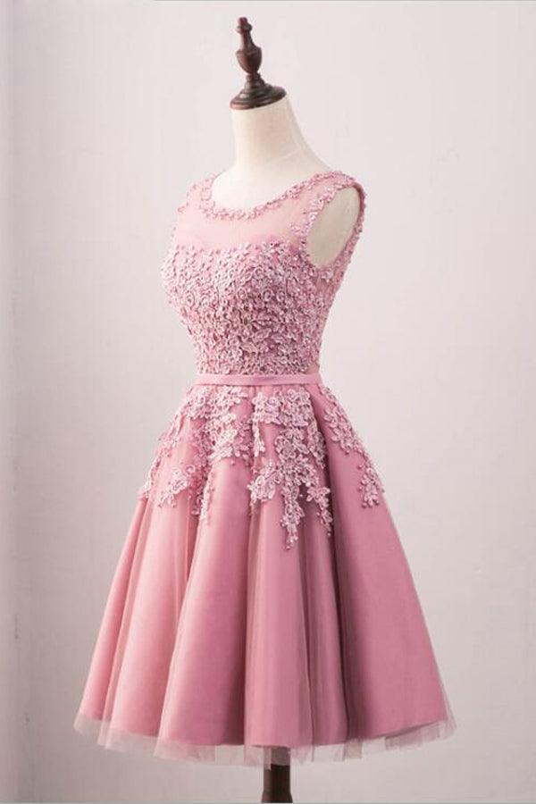 A-Line Crew Knee-Length Tulle Homecoming Dress With Appliques TR0211 - Tirdress