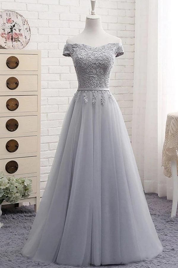 A-Line Gray Off the Shoulder Tulle Lace-up Sweetheart Prom Dress PG494 - Tirdress