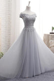 A-Line Gray Off the Shoulder Tulle Lace-up Sweetheart Prom Dress PG494 - Tirdress