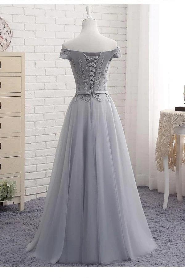 A-Line Gray Off the Shoulder Tulle Lace-up Sweetheart Prom Dress PG494 - Tirdress