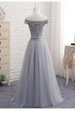A-Line Gray Off the Shoulder Tulle Lace-up Sweetheart Prom Dress PG494 - Tirdress