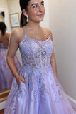 A-Line Lavender Tulle Applique Lace Up Back Prom Evening Dress TP1218 - Tirdress