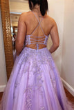 A-Line Lavender Tulle Applique Lace Up Back Prom Evening Dress TP1218 - Tirdress