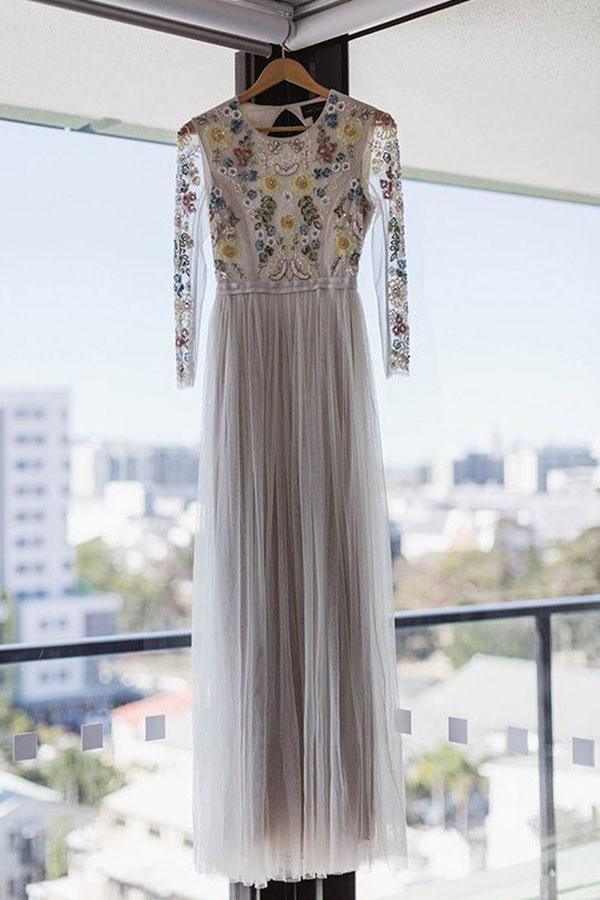 A-Line Round Neck Long Wedding Dress With Lace Long Sleeves TN335 - Tirdress