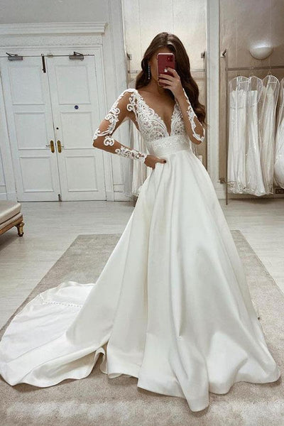 A-Line Satin Long Sleeves V-Neck Vintage Wedding Dresses Without Veil TN324 US18 / Custom Color